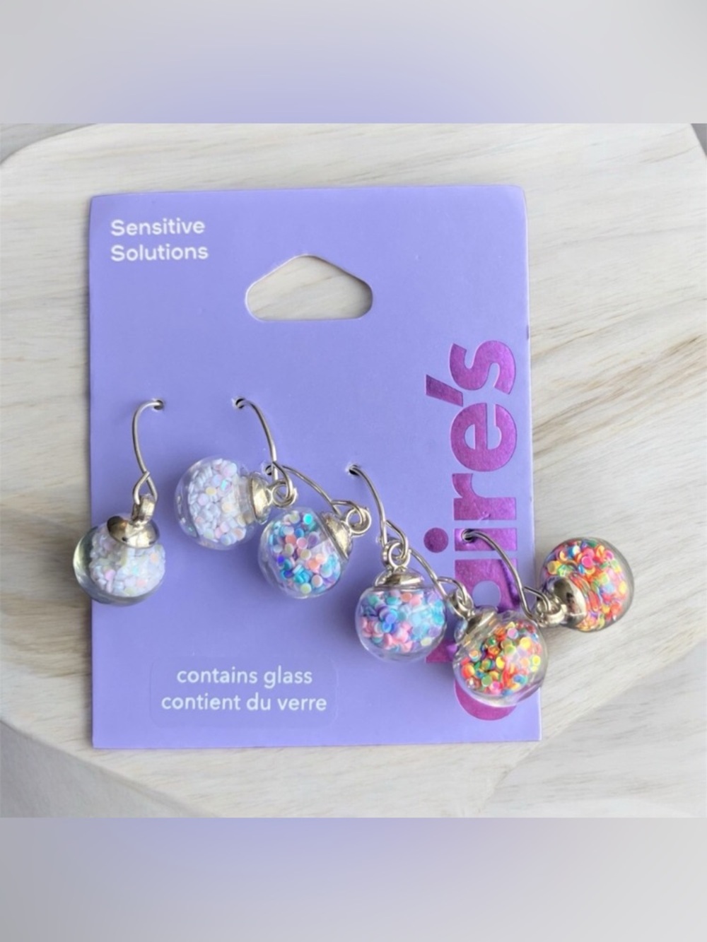 NEW Claire's Glass Sequin Snow Globe Ball Dangle Sensitive Earrings Set 3